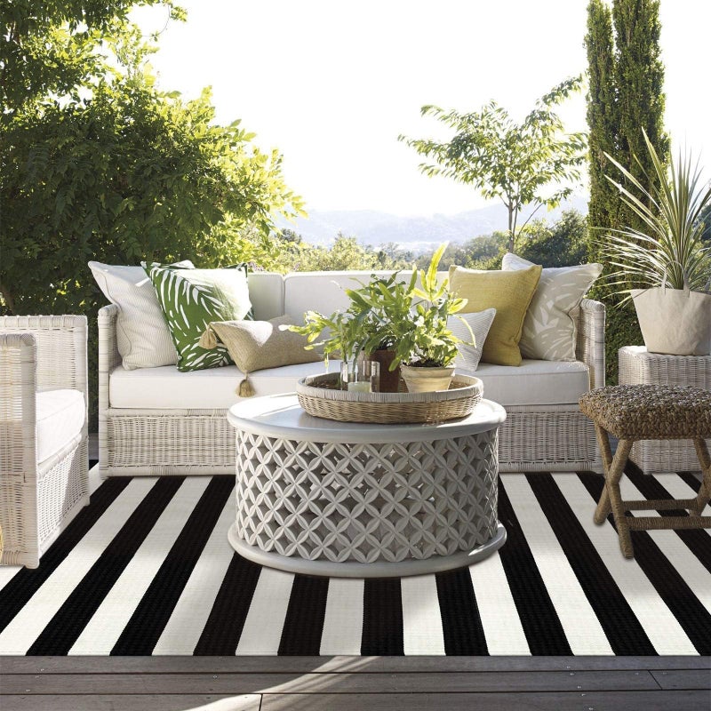 LEEVAN Black and White Outdoor Rug 4x6, Cotton Washable Outdoor Patio Rug, Black Striped Reversible Rug for Balcony Decor, Woven Entryway Rug for Layered Door Mats Porch/Front Door - Image 2